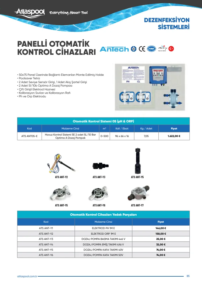 Havuz Kontrol Sistemi 5E 2 adet 5L/10 Bar Optima A Dozaj Pompalı (ATS ANT05-E), Atlaspool Dezenfeksiyon Sistemleri kataloğu sayfa 85
