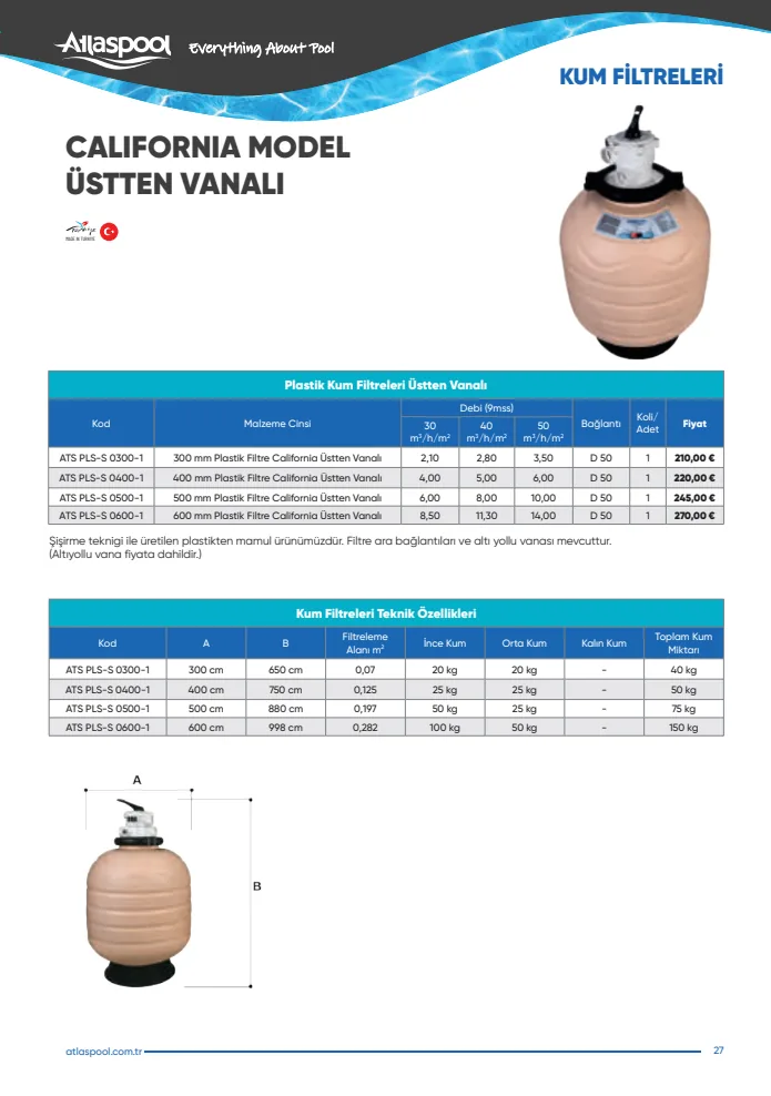 300 mm Plastik Filtre California Üstten Vanalı (ATS PLS-S 0300-1), Atlaspool Kum Filtreleri kataloğu sayfa 27